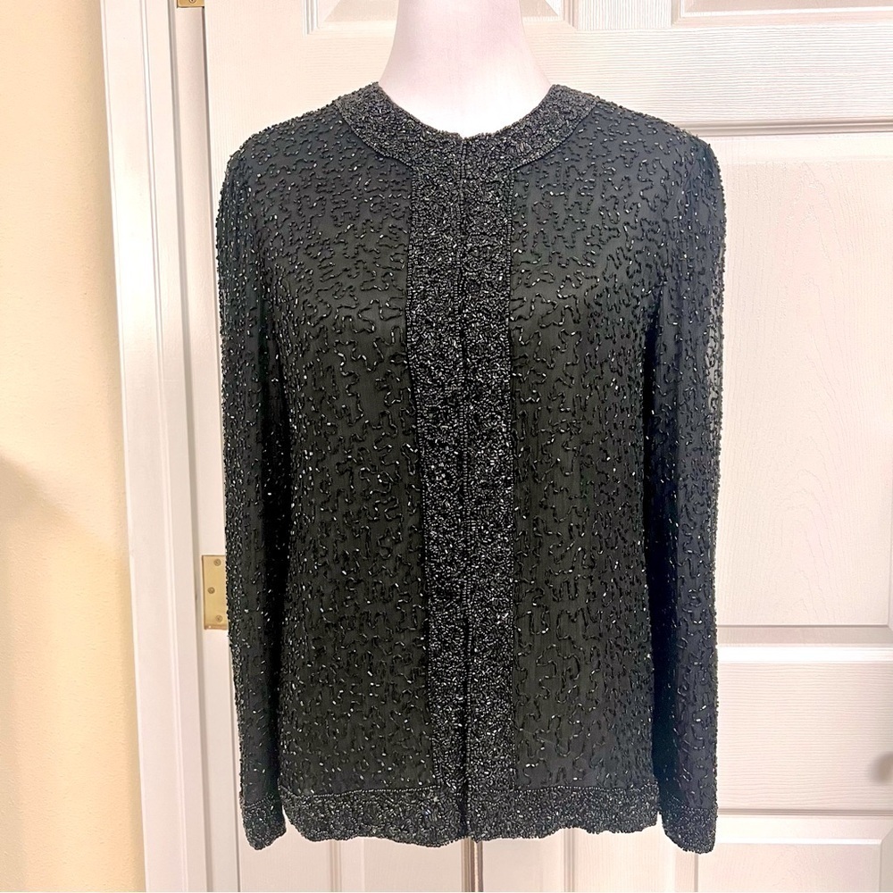 Laurence Kazar Vintage 100% SILK Black Beaded Evening Formal Jacket Womens L